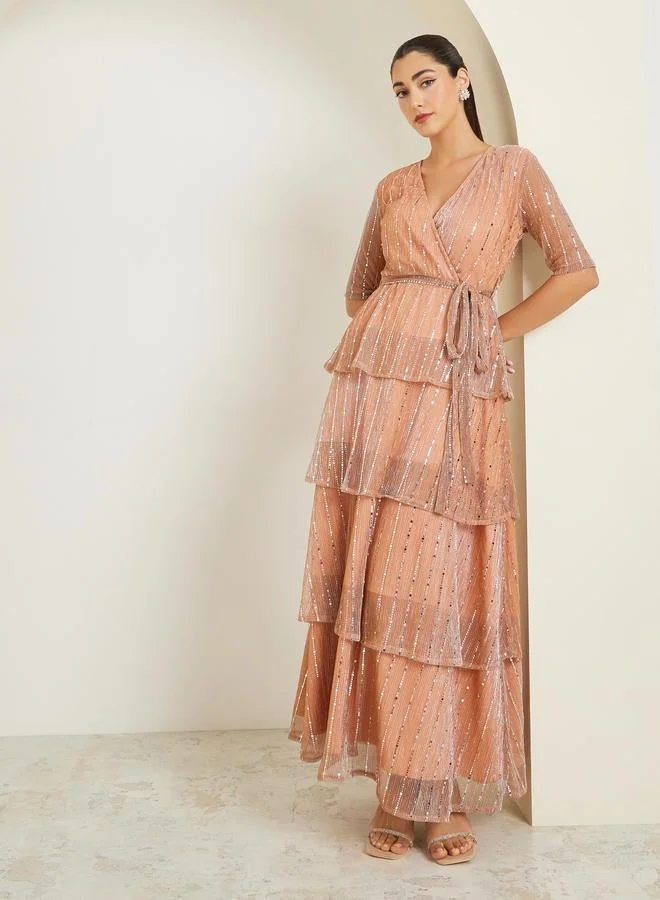 Styli Golden Sequin V-Neck Tiered Maxi Dress